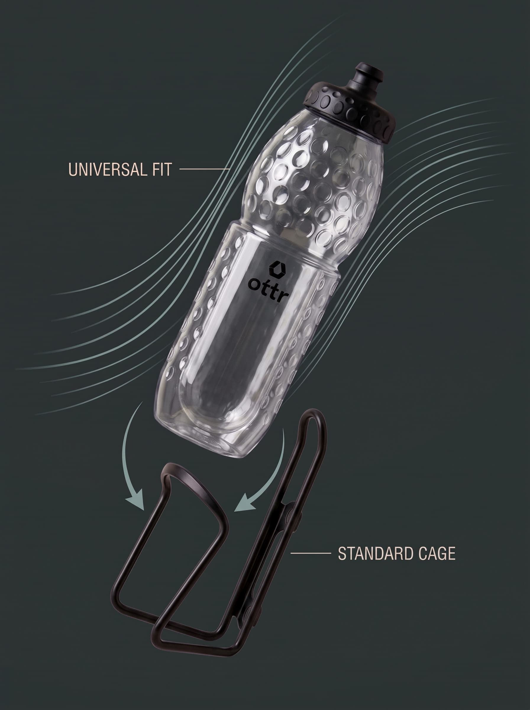 The transparent, dimpled Ottr Bottle aligned above a standard bottle cage.